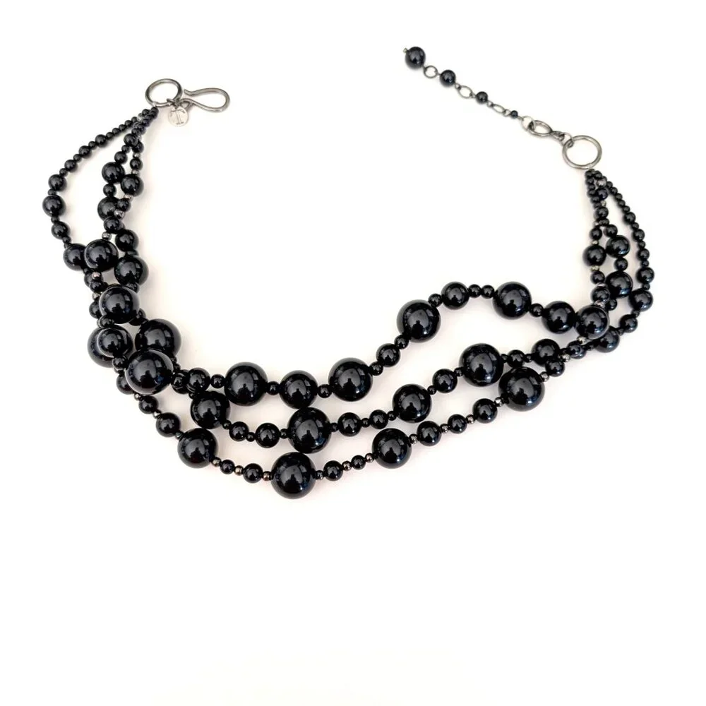 Talbots chunky glossy black and hematite beaded layered necklace